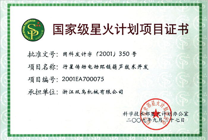 雙鳥資質(zhì)-國家級星火計(jì)劃項(xiàng)目證書